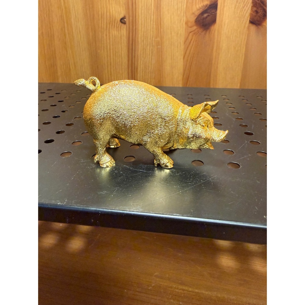 Vintage Gold Pig Figurine Miniature Farm Animal Decor 3" Long